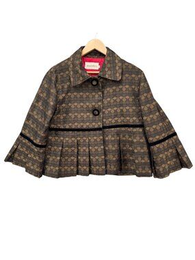 Maestro Jacquard Pleated Jacket Womens Brown Cropped Bell Sleeve Blazer Size L